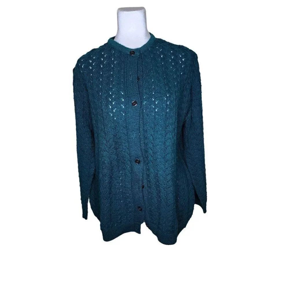 Vintage 80s Long Sleeve Button Down Cardigan Sweater Womens Size XL Green Open K